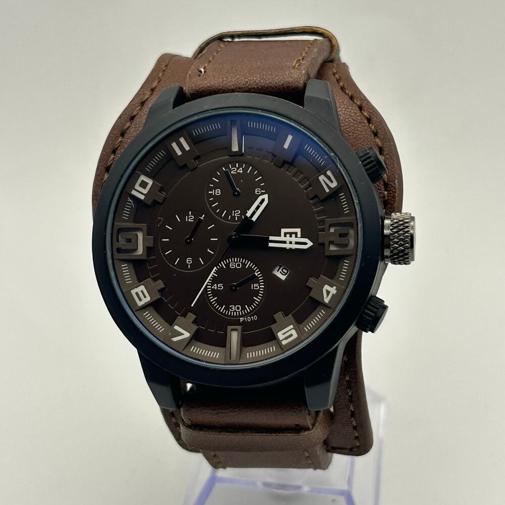 Trillani Men’s Military-style Watch Black Case Brown Leather Strap Working
